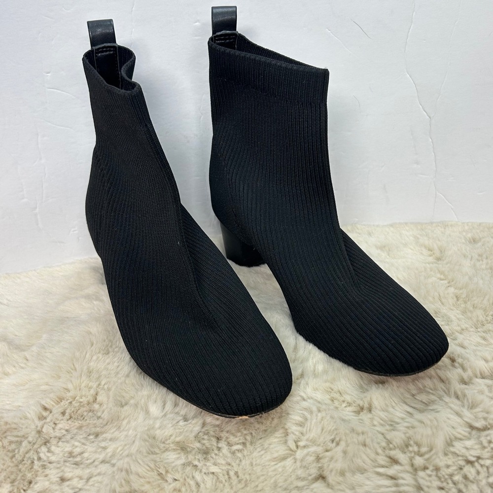 Joie Neely Black Ribbed Knit Sock Ankle Boots Block Heel Womens 7.5M
